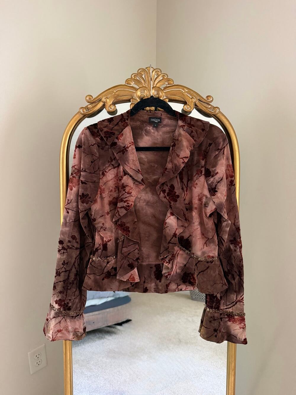 Vintage Y2K Fantazia Brown Tie Dye Ruffle Floral Cardigan Top